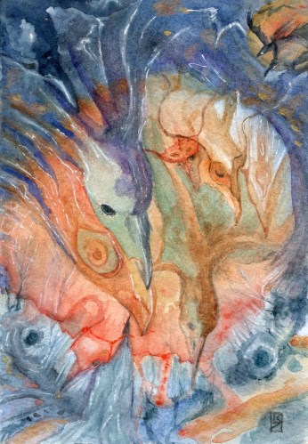 Plague Birds, watercolor, 5"x7" © 2020 Linda Saboe